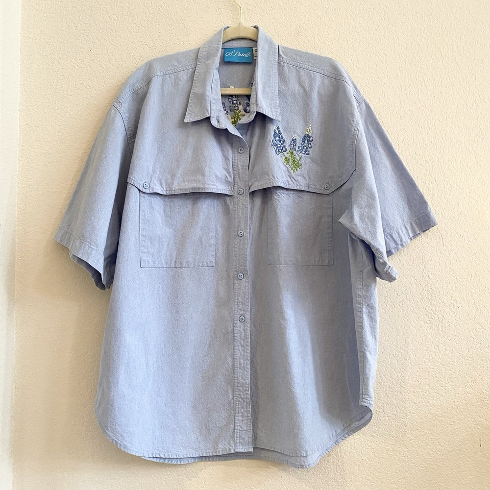 Ol' Paint‎ Bluebonnet Vintage Denim Short Sleeve Shirt  Women Plus 3XL Cotton